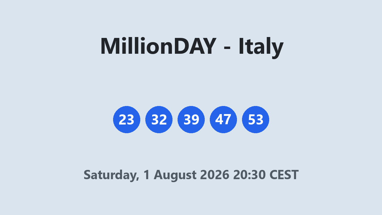 MillionDAY results 1 August 2026 20:30 CEST