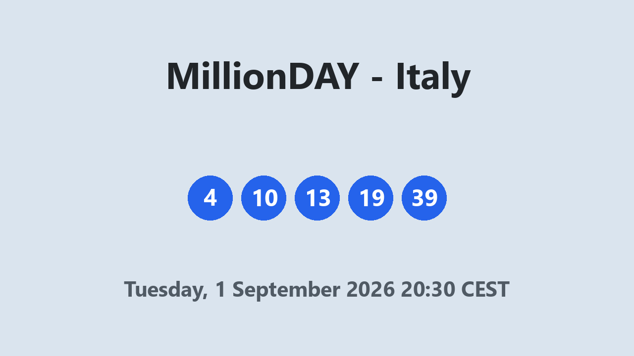 MillionDAY results 1 September 2026 20:30 CEST