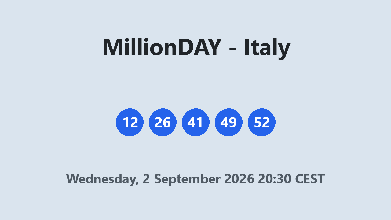 MillionDAY results 2 September 2026 20:30 CEST
