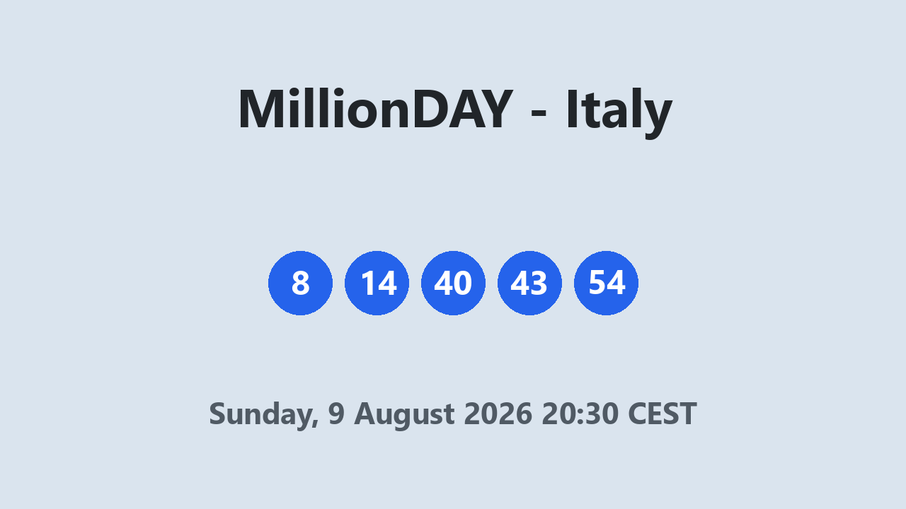 MillionDAY results 9 August 2026 20:30 CEST