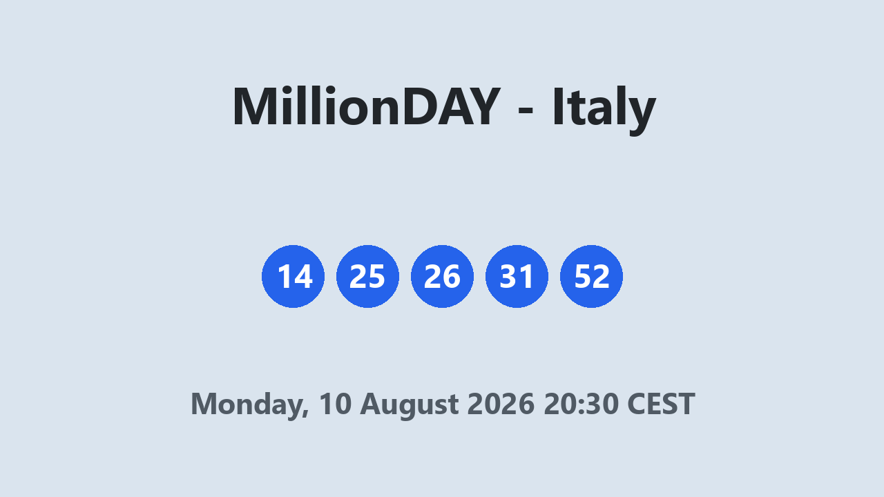 MillionDAY results 10 August 2026 20:30 CEST
