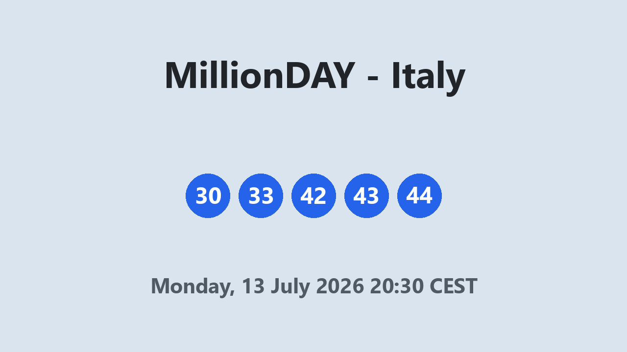 MillionDAY results 13 July 2026 20:30 CEST