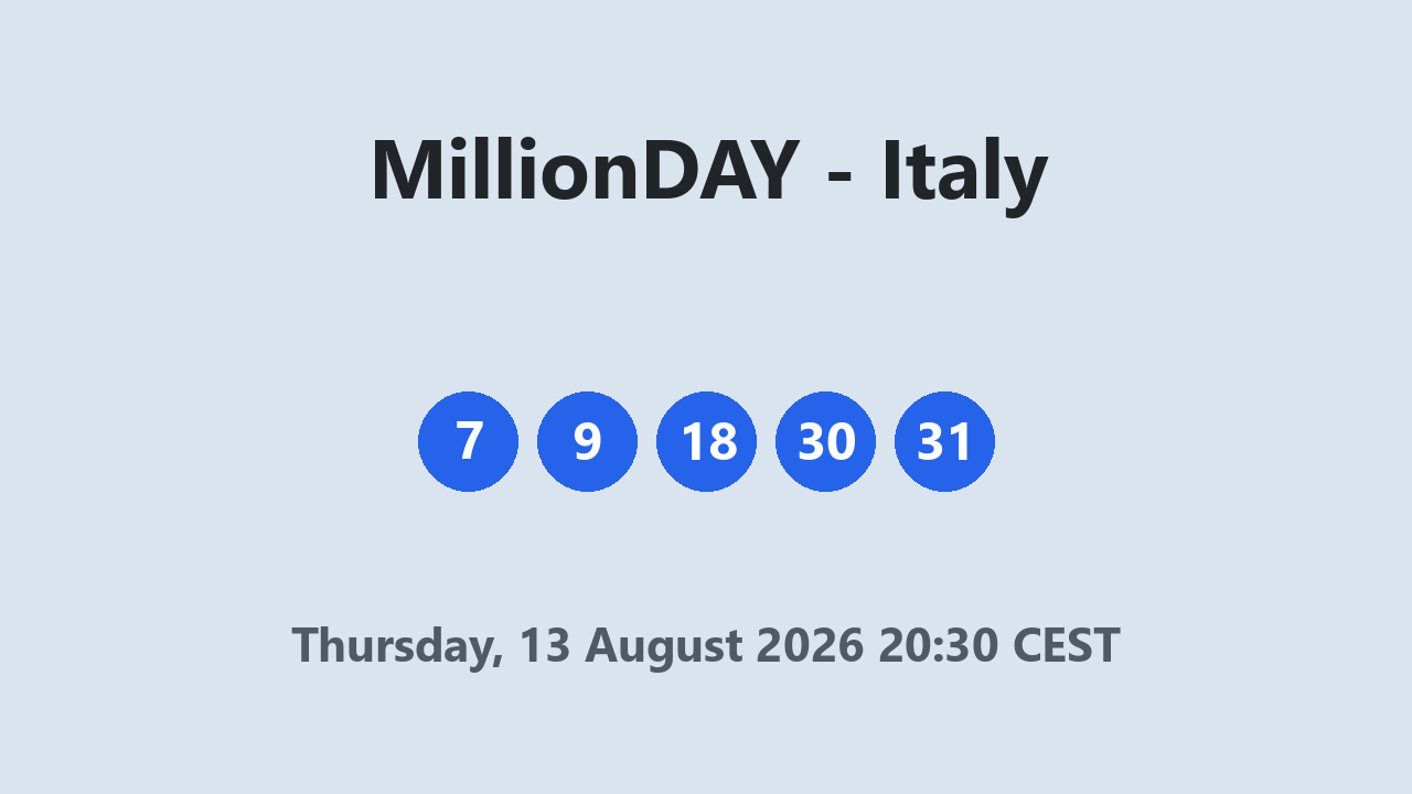 MillionDAY results 13 August 2026 20:30 CEST