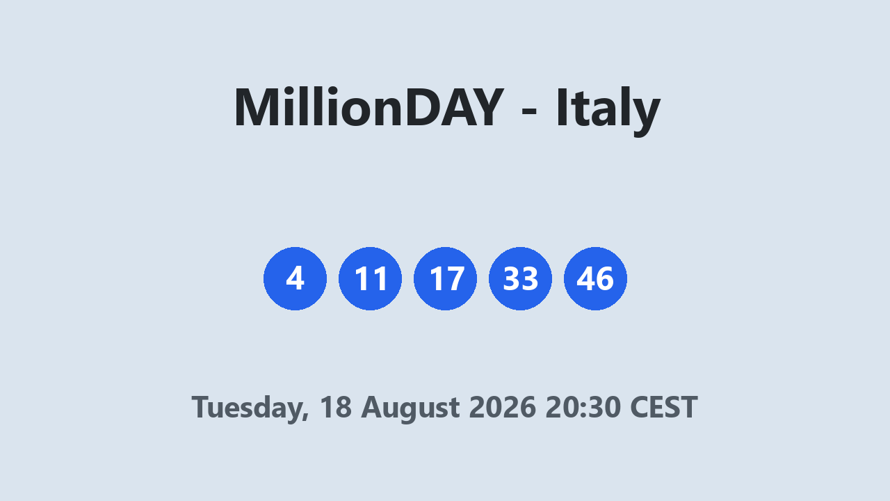 MillionDAY results 18 August 2026 20:30 CEST