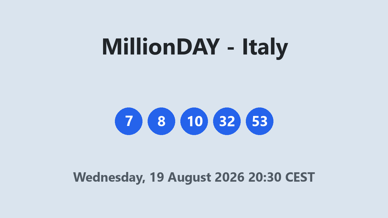 MillionDAY results 19 August 2026 20:30 CEST