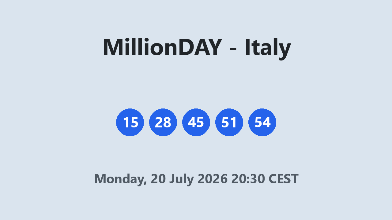 MillionDAY results 20 July 2026 20:30 CEST
