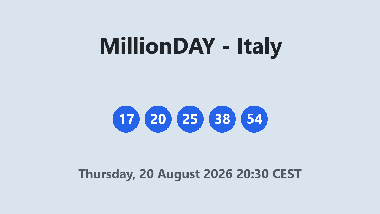 MillionDAY results 20 August 2026 20:30 CEST