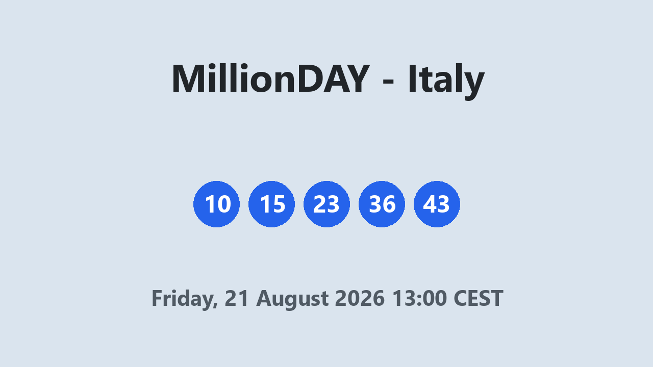 MillionDAY results 21 August 2026 13:00 CEST
