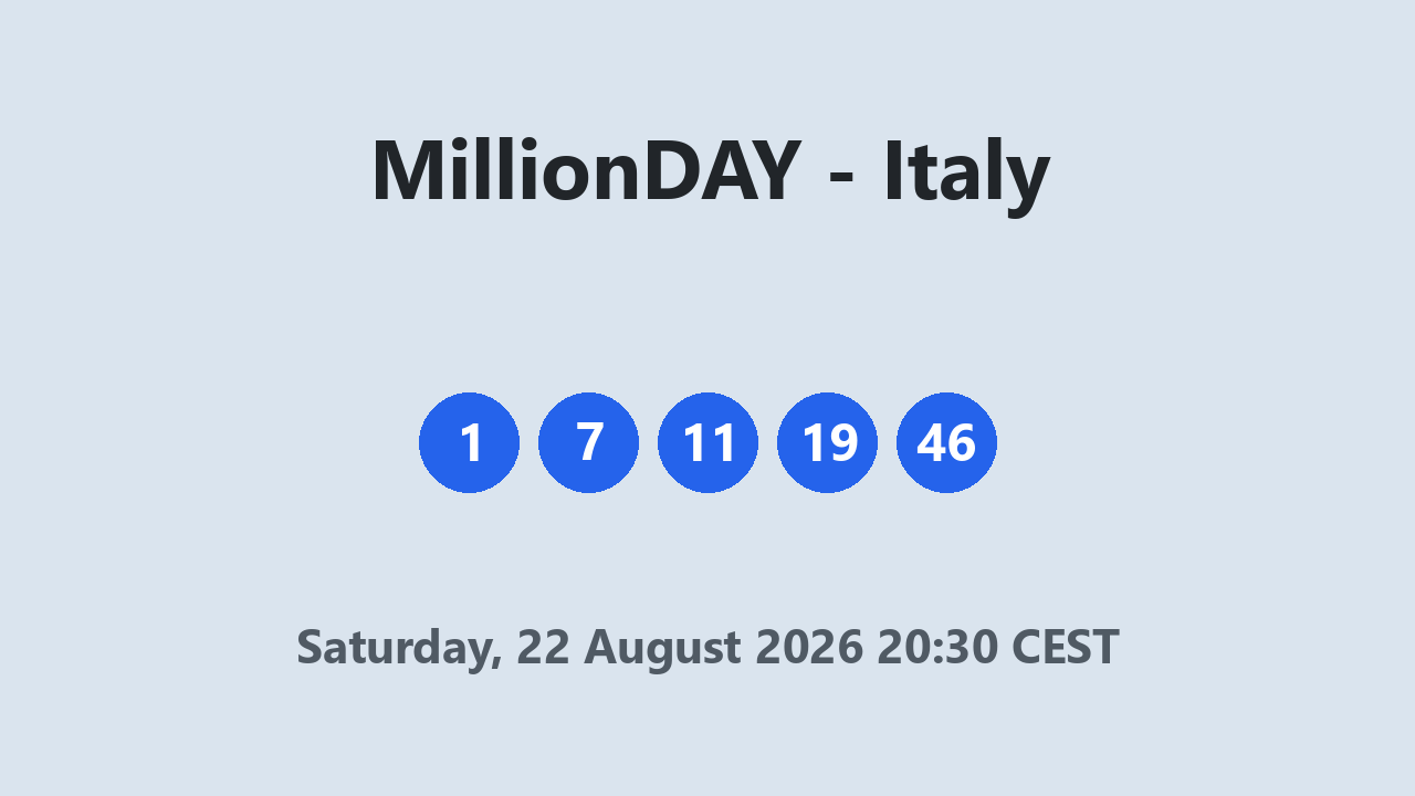 MillionDAY results 22 August 2026 20:30 CEST