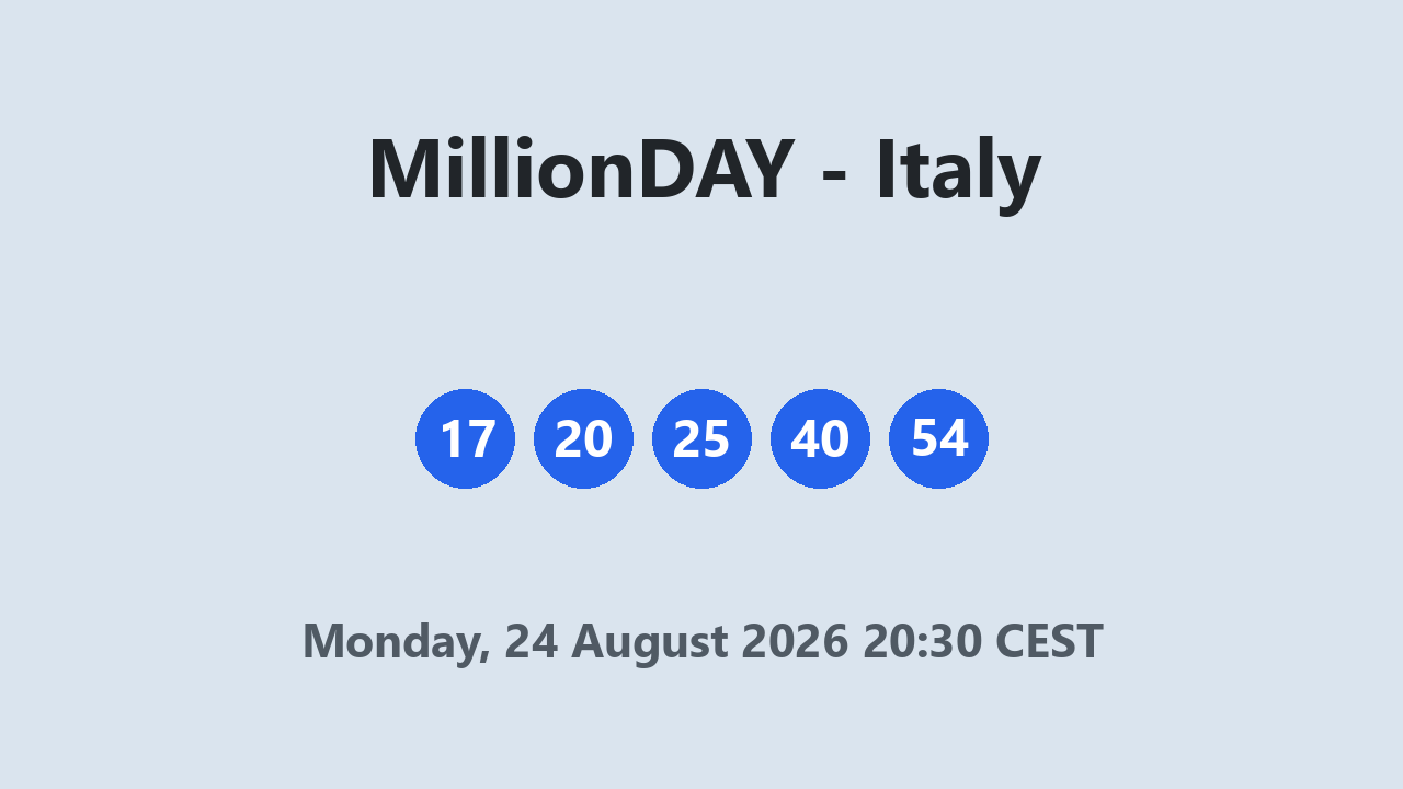 MillionDAY results 24 August 2026 20:30 CEST
