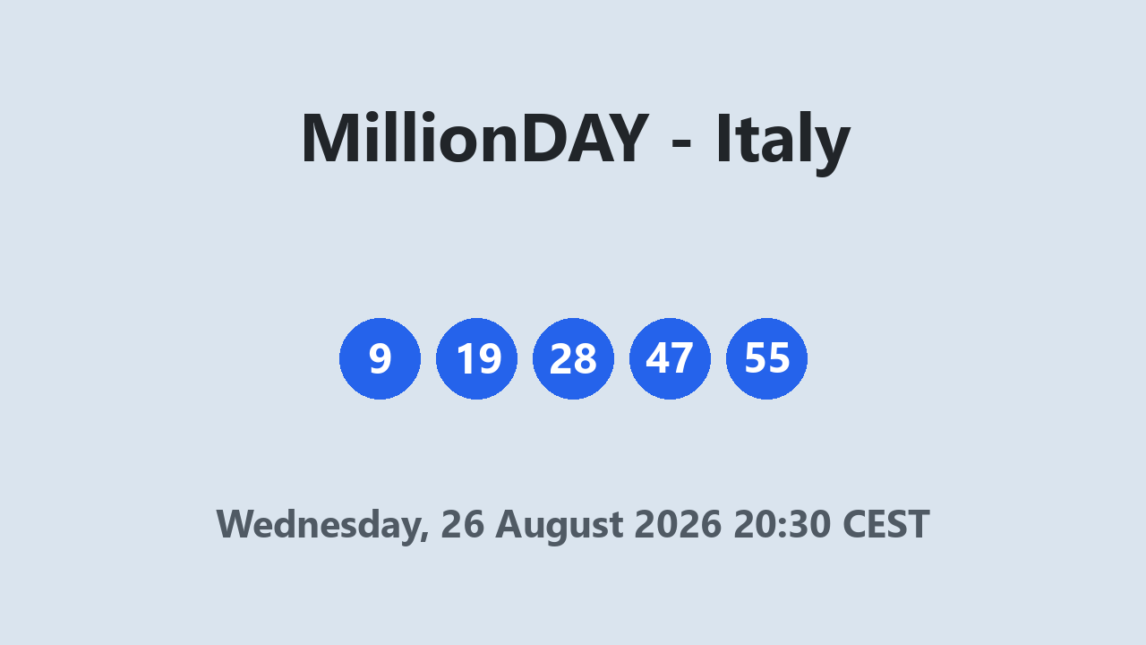 MillionDAY results 26 August 2026 20:30 CEST