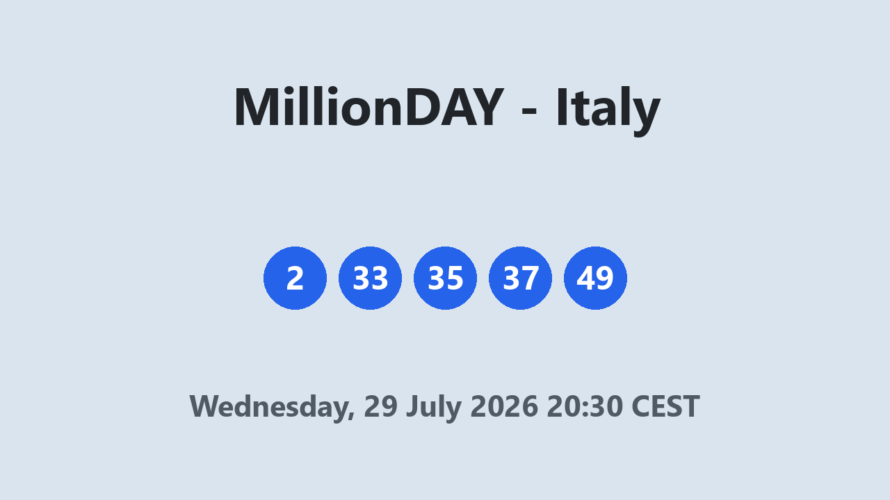 MillionDAY results 29 July 2026 20:30 CEST